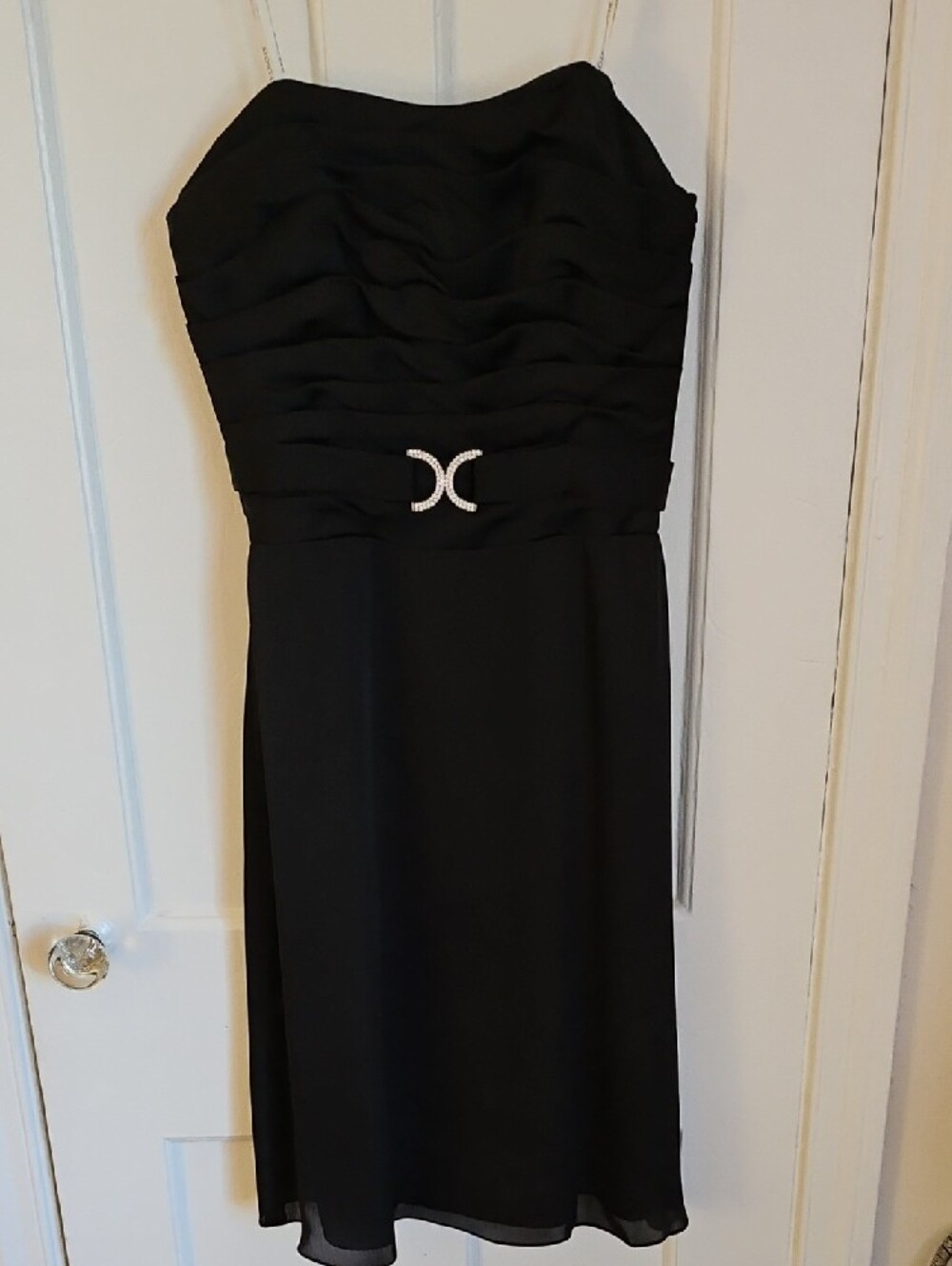Belsoie Black Strapless Midi Dress with Rhinestone Waist Accent